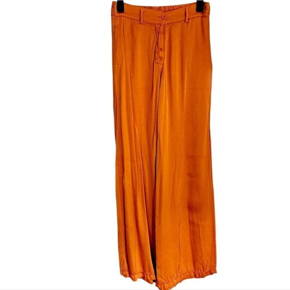 2uves Spain Wide Leg High Waist Pleated Satin Elastic Back Trousers in Orange M - Picture 2 of 8